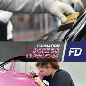 Poseuse appliquant un covering rose sur une carrosserie, formation pose de covering automobile pour le Maroc