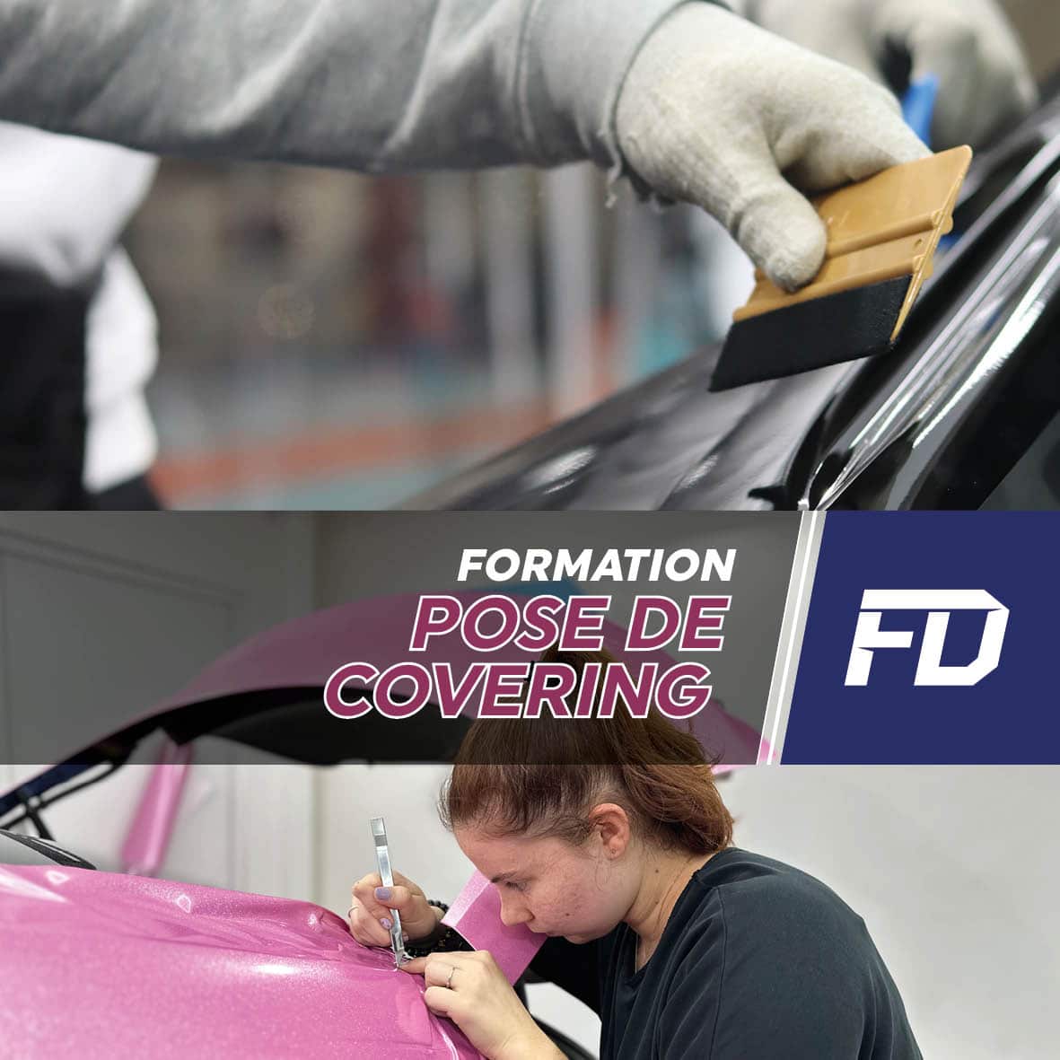 Poseuse appliquant un covering rose sur une carrosserie, formation pose de covering automobile pour le Maroc