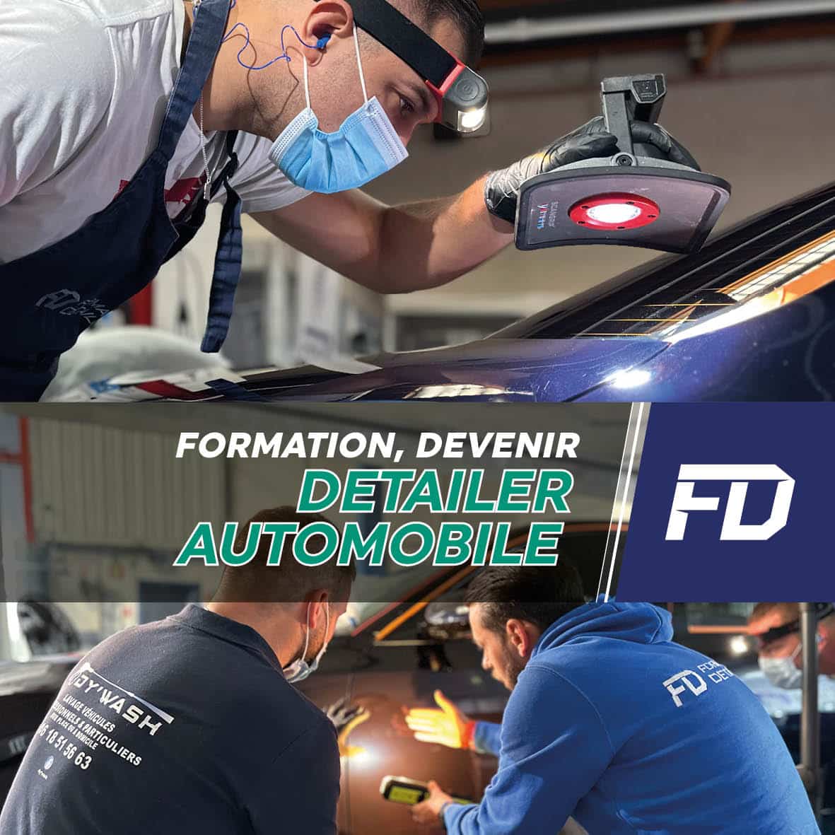 Stagiaire inspectant une carrosserie à la lampe en atelier, formation devenir detailer automobile au Maroc