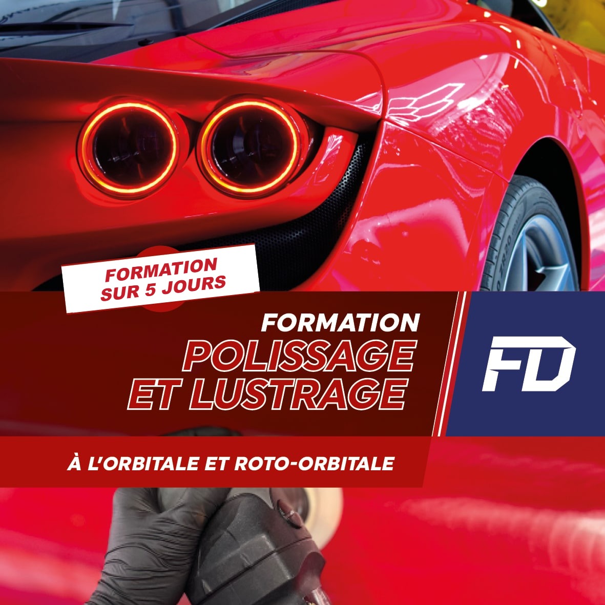Formateur polissant une carrosserie rouge à la polisseuse, formation polissage et lustrage detailing au Maroc